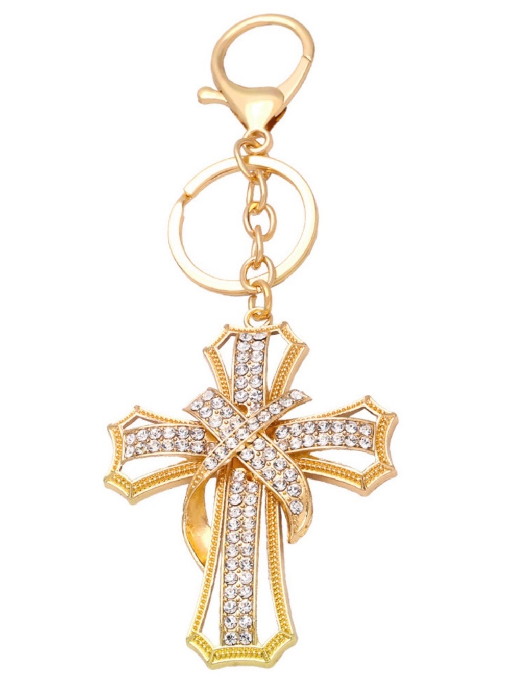 Fashion Jewelry Gold-Tone Cross Keychain with Clear Rhinestones
